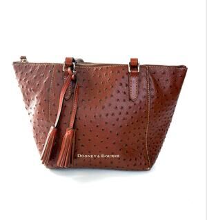 Dooney and Bourke Tasseled Maxine Tote Ostrich Bag Cognac Brown Purse Red Liner
